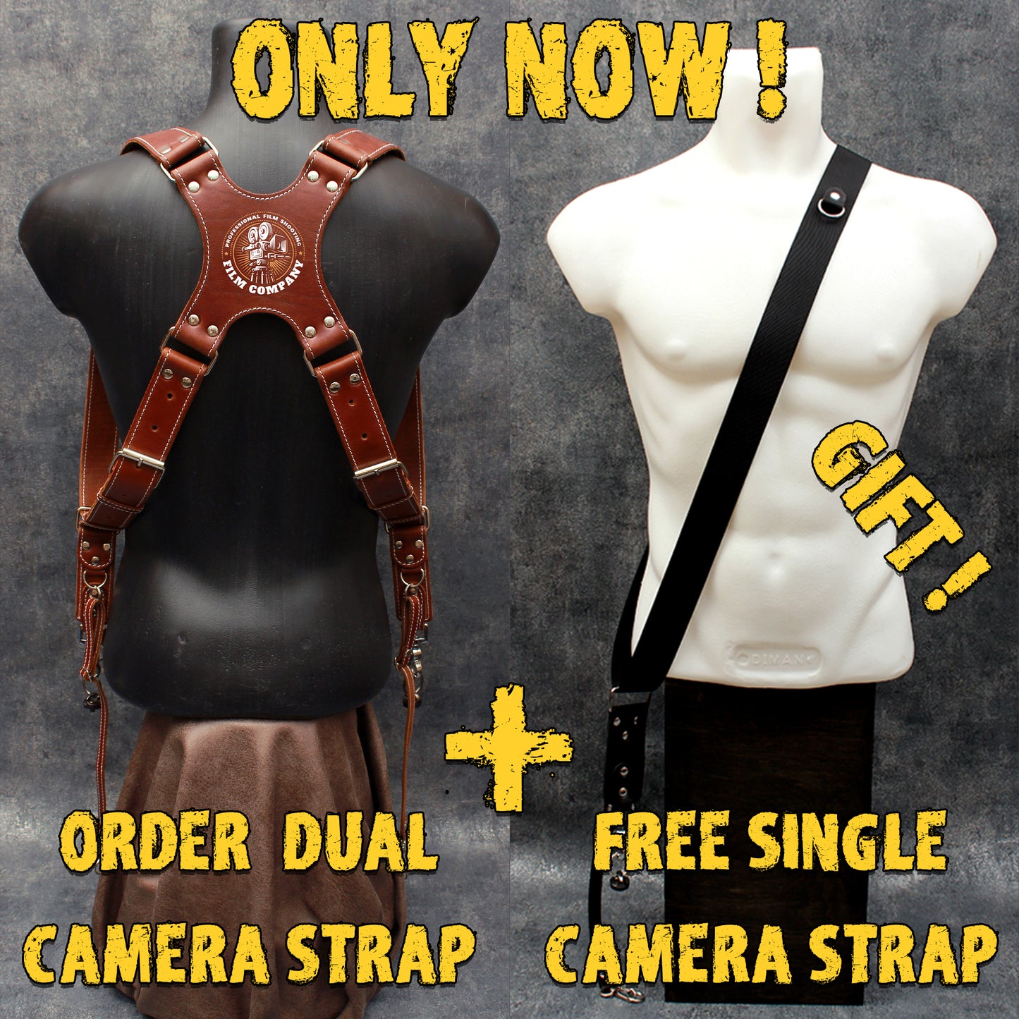 Dual camera strap (FULL LEATHER) with removable battery cases and a set of additional accessories.