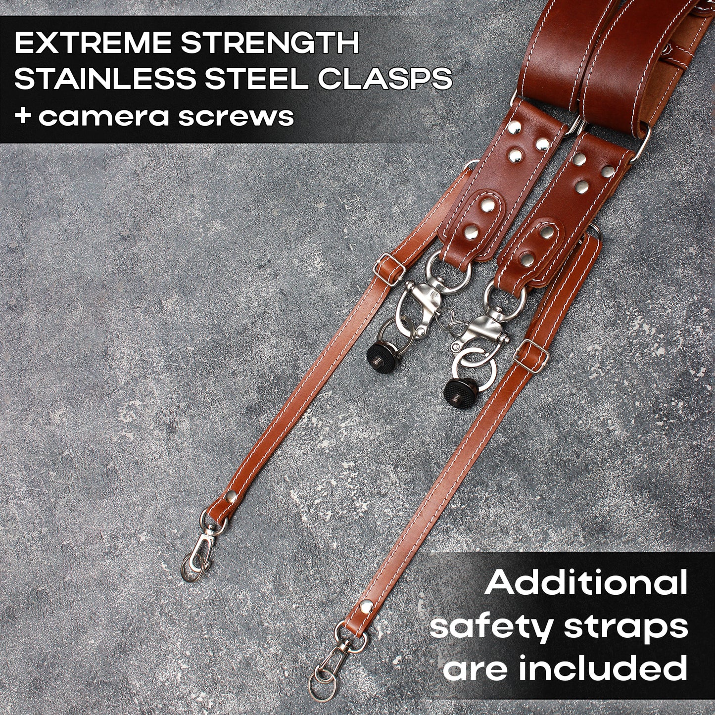 Dual camera strap (FULL LEATHER) with removable battery cases and a set of additional accessories.