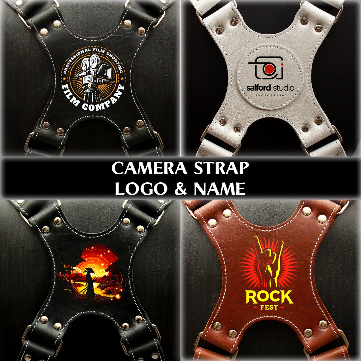 Dual camera strap (FULL LEATHER) with removable battery cases and a set of additional accessories.