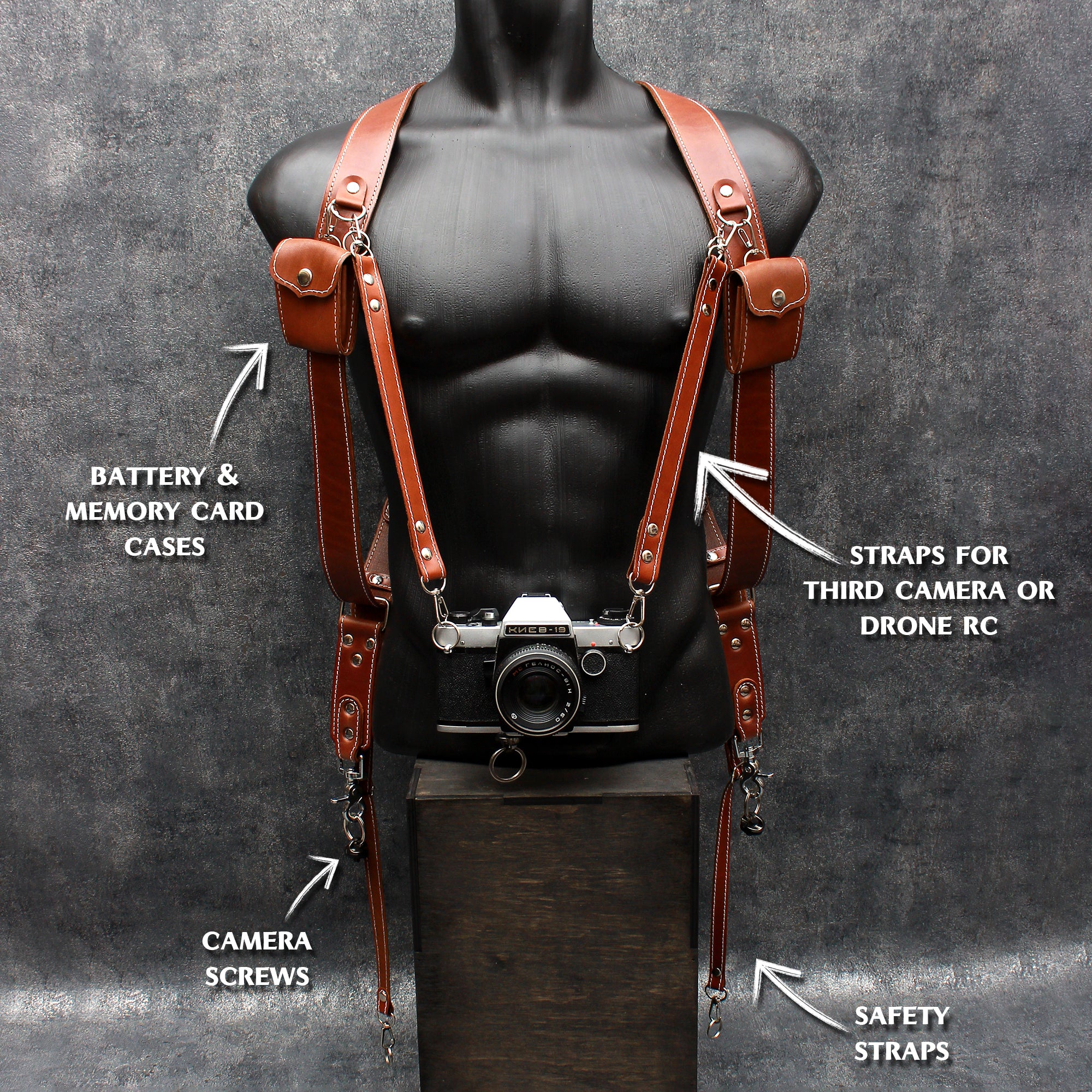 Handcrafted Dual Camera Leather Harness with Custom Personalization