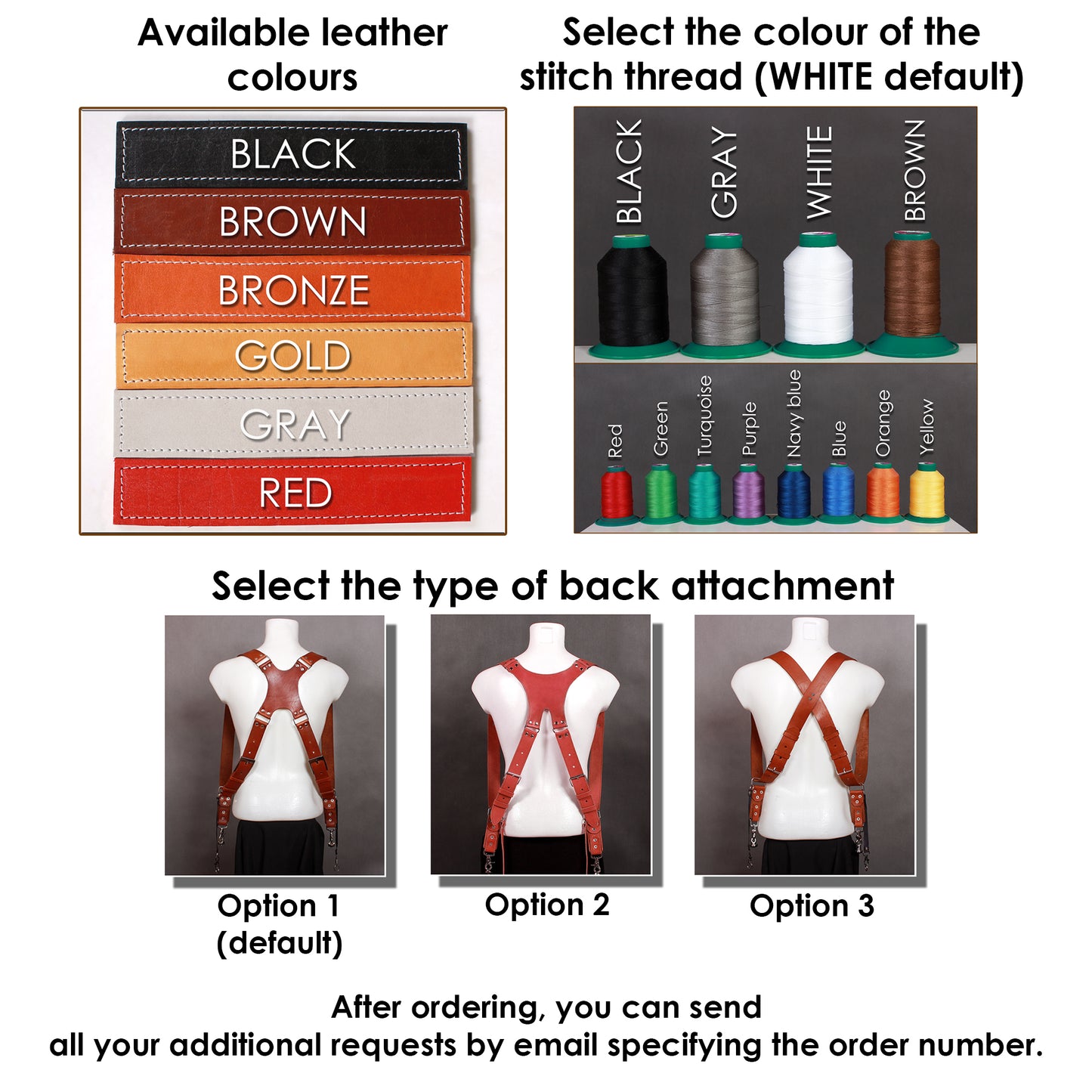 Dual camera strap (FULL LEATHER) with removable battery cases and a set of additional accessories.