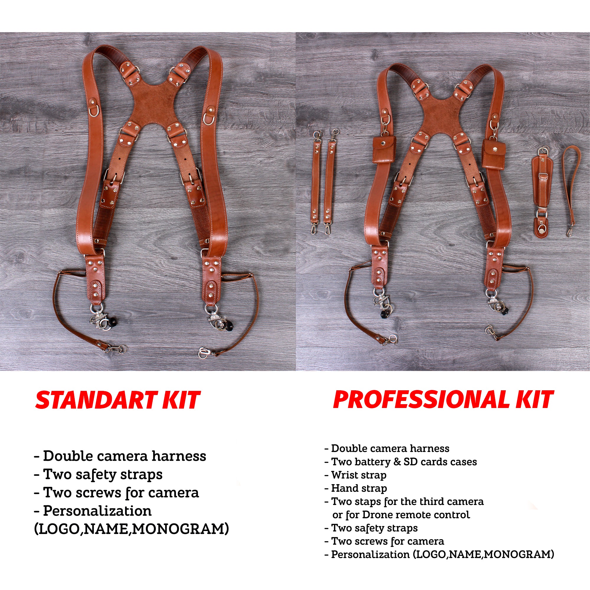 Handcrafted Dual Camera Leather Harness with Custom Personalization