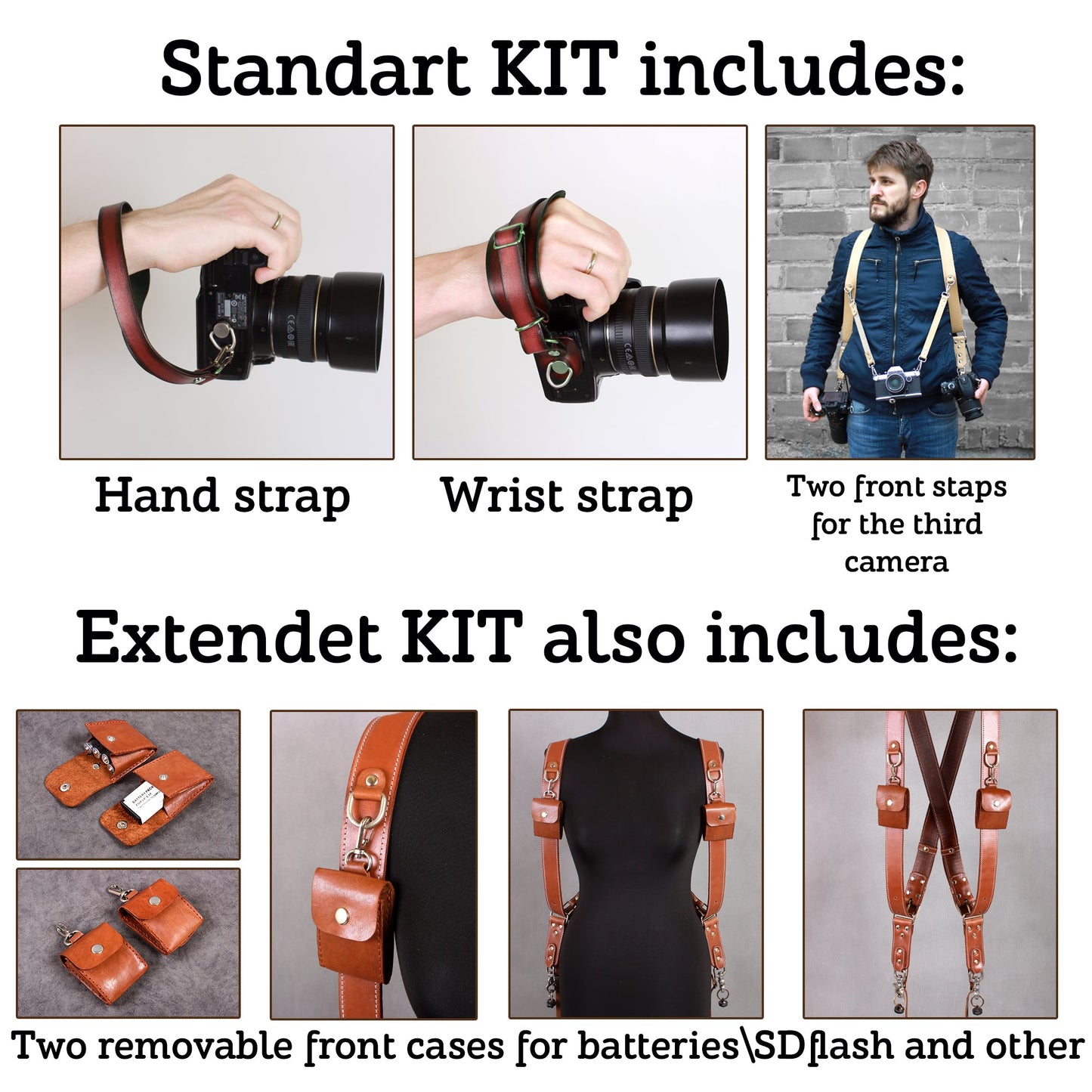 Dual camera strap with removable battery cases and a set of additional accessories. FREE SHIPPING.