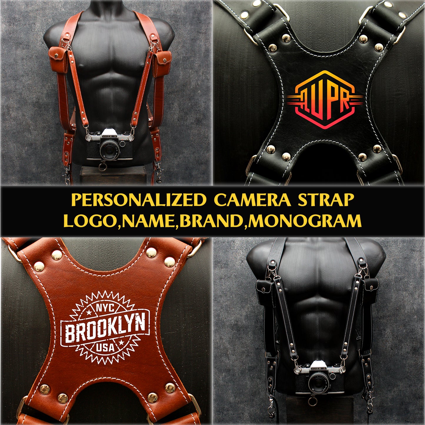 Dual camera strap (FULL LEATHER) with removable battery cases and a set of additional accessories.