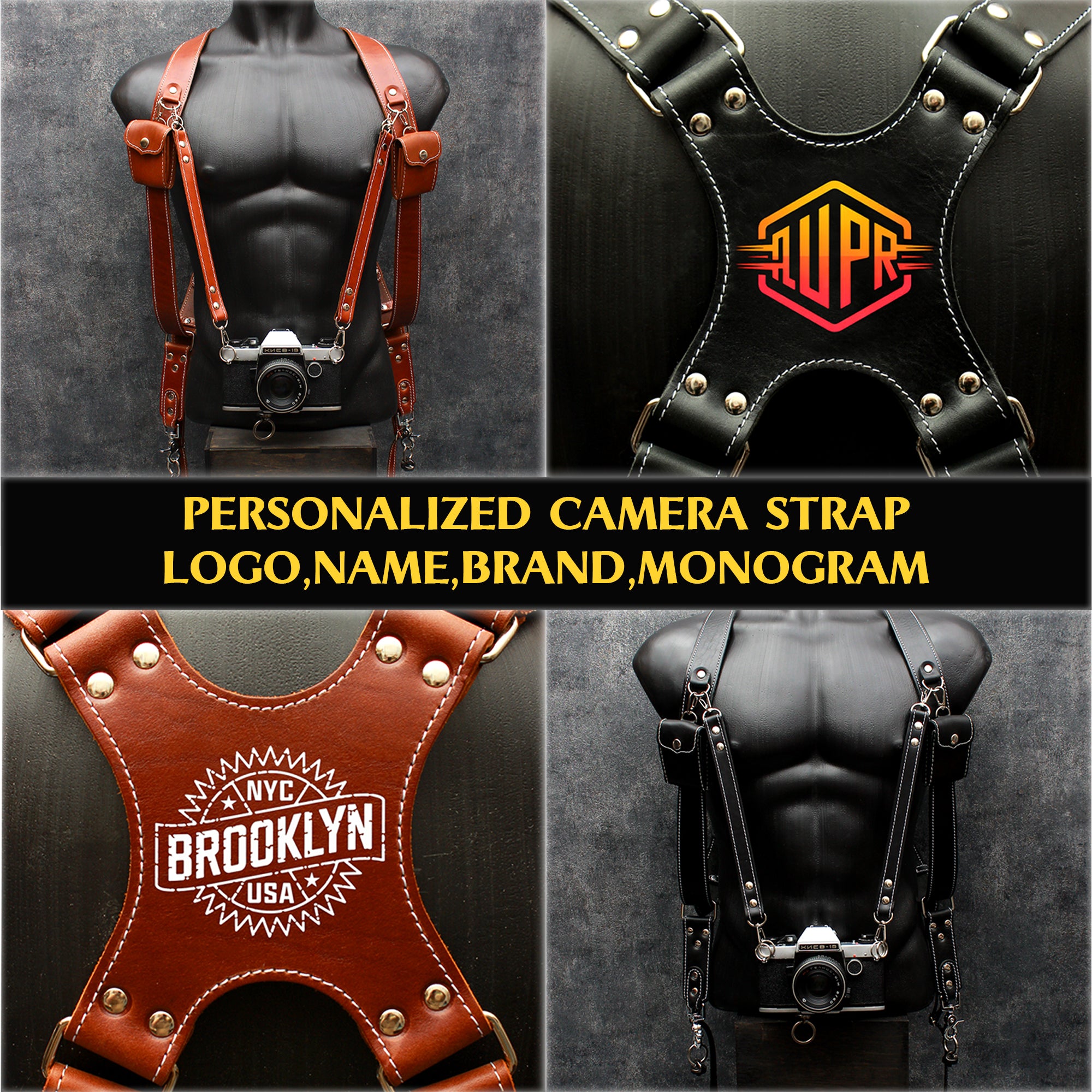 Handcrafted Dual Camera Leather Harness with Custom Personalization