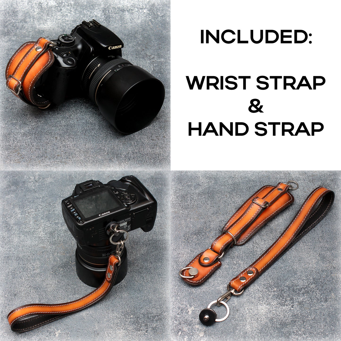 Dual camera strap (FULL LEATHER) with removable battery cases and a set of additional accessories.