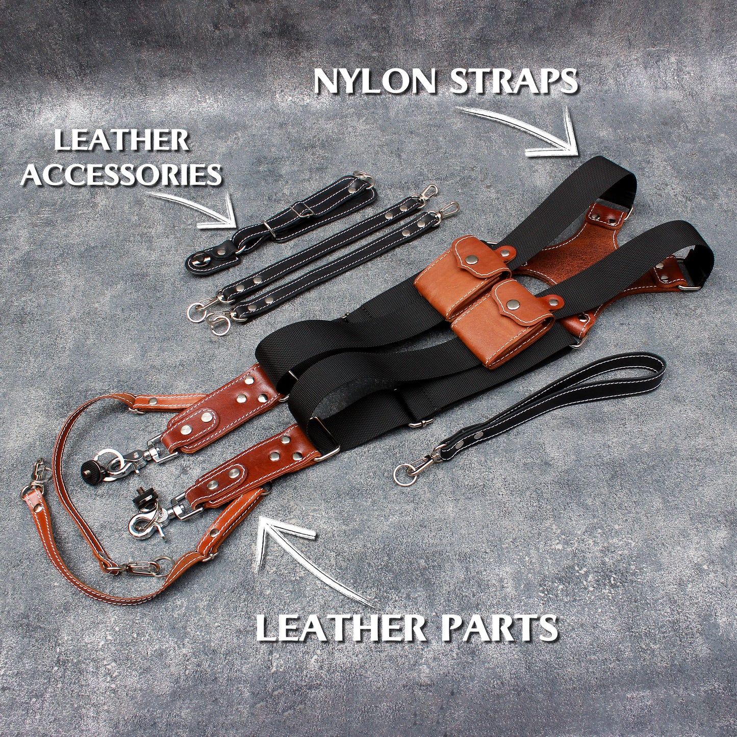 NYLON & LEATHER Dual camera strap with removable battery cases and a set of additional accessories. FREE SHIPPING.